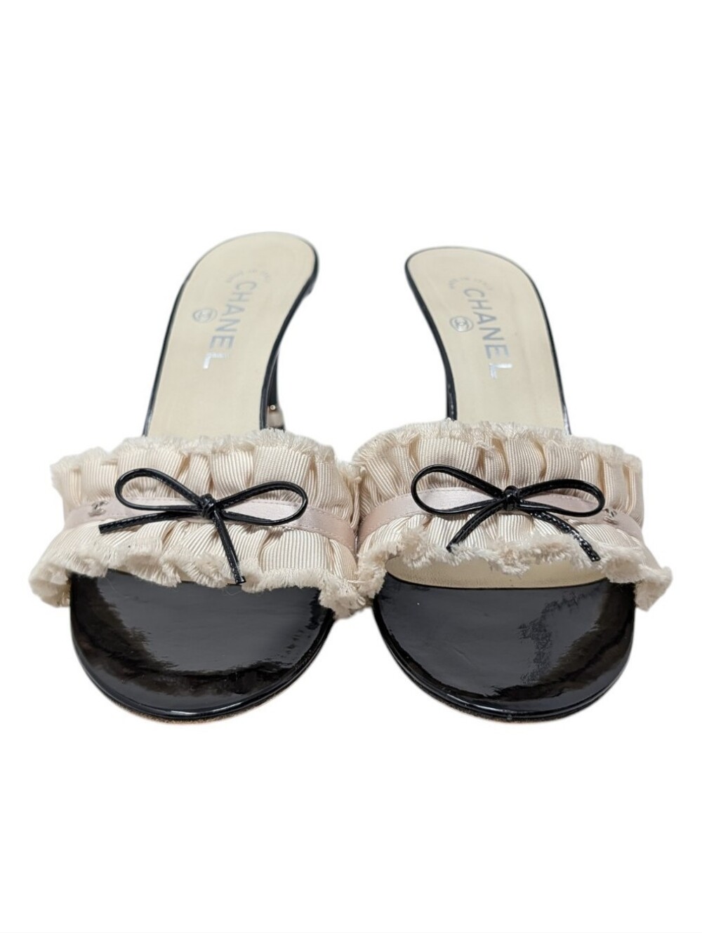 Chanel Ruffled Bow Interlocking CC Patent Black Ivory Mule Dress Up Sandal EU 40 - Picture 6 of 16